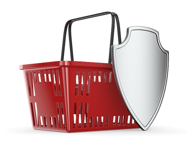 Shield and red empty shopping basket on white background. Isolated 3d illustration