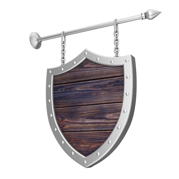 Shield Shaped Rusty Wooden Signboard with Chains on a white background 3d Rendering