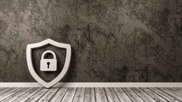 Shield Symbol with Padlock on Wooden Floor Against Wall