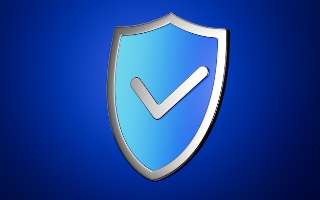 Shield with check in the blue background 3d rendering