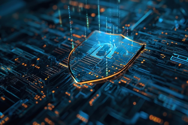 Shield with a lock icon is displayed on a circuit