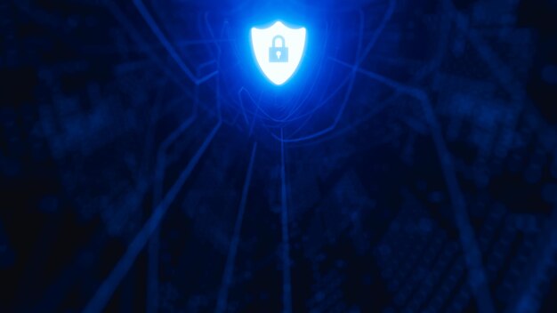 Shield with luminous padlock in the top center of technological blue stage information security