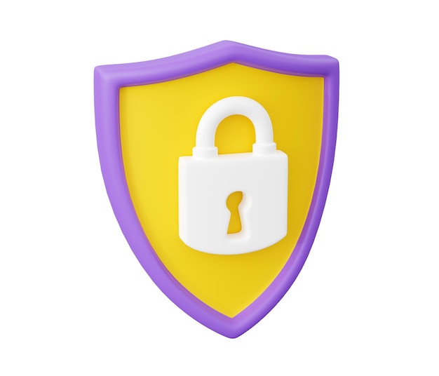 Shield with padlock 3d render security and safety concept with close lock sign on shield