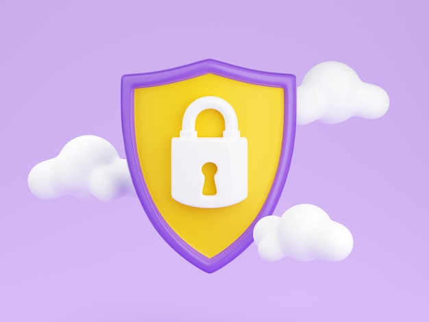 Shield with padlock 3d render security and safety concept with closed lock on shield surrounded with clouds