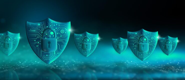 Photo 파란색 배경 추상 사이버 공격 블록 사이버 데이터 및 정보 개인 정보 보호 개념 3d 렌더링 위에 이진 코드가 있는 회로 기판 및 네트워크 와이어프레임에 자물쇠 아이콘이 있는 방패