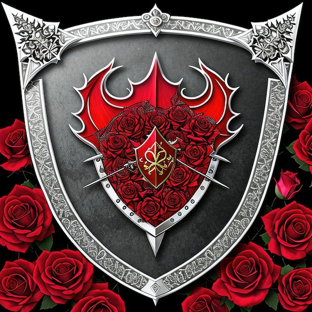 A shield with a red rose design and the word sword on it.