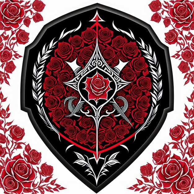 A shield with roses and a red rose design on it