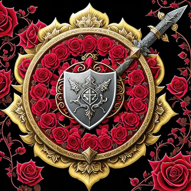 A shield with a sword and roses on it