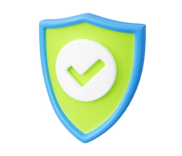 Shield with tick 3d render security and safety concept with check mark on shield