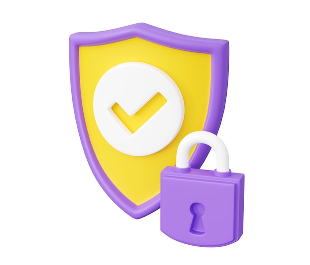 Shield with tick and padlock 3d render security and safety concept with check mark on shield with closed lock