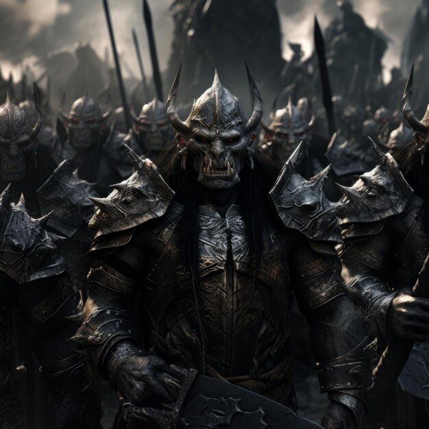 Photo shielded fury the legion of armored orcs masters of spear warfare in the realm of dark fantasy