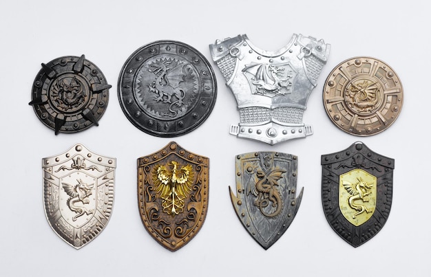 shields with dragon emblem isolated on white background