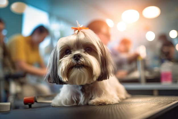 Собака ши-тцу подстригается в спа-салоне для домашних животных, созданном искусственным интеллектом