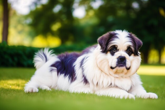 A shih tzu dog laying on the grass