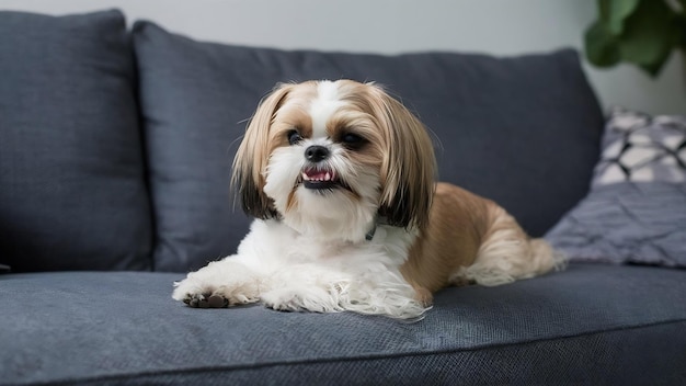 シーツー犬がリビングのソファでリラックスしている