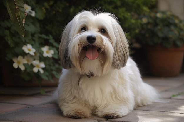 Shih Tzu dog sitting in the garden and looking at the camera AI Generated