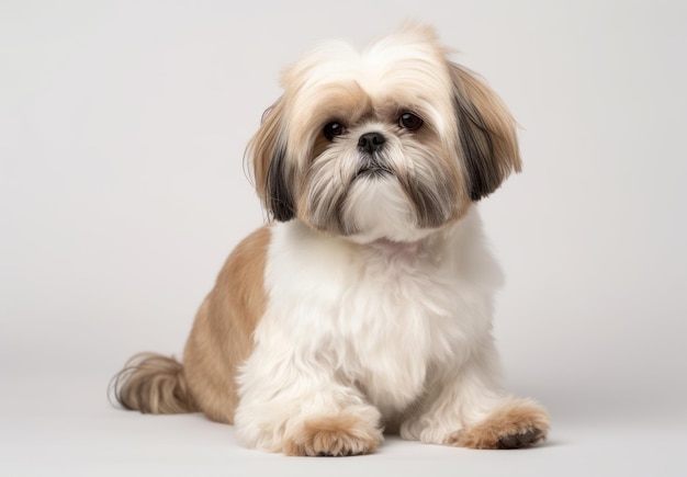 A shih tzu dog sitting on a white background stock photo - 43999999