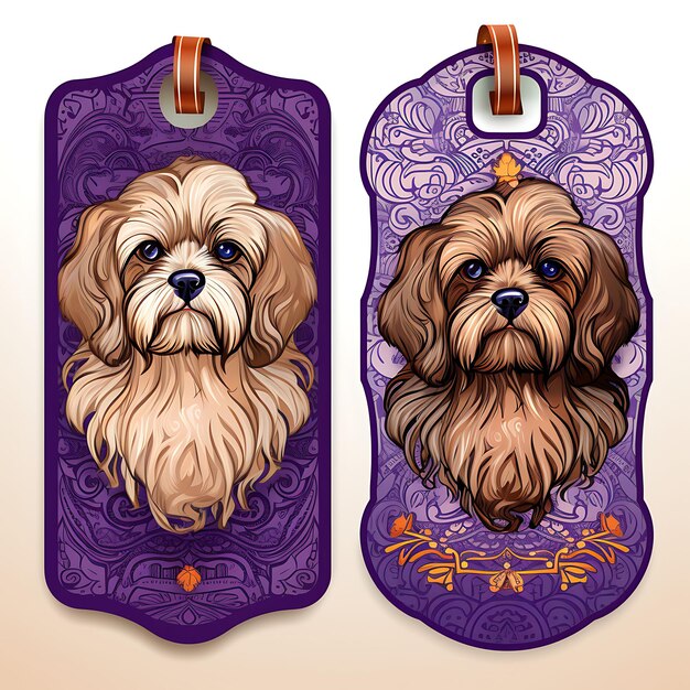Shih Tzu Dog Tag 카드 마닐라 종이 페이즐리 패턴 보라색 또는 2D 벡터 디자인 컬렉션 카드 플랫