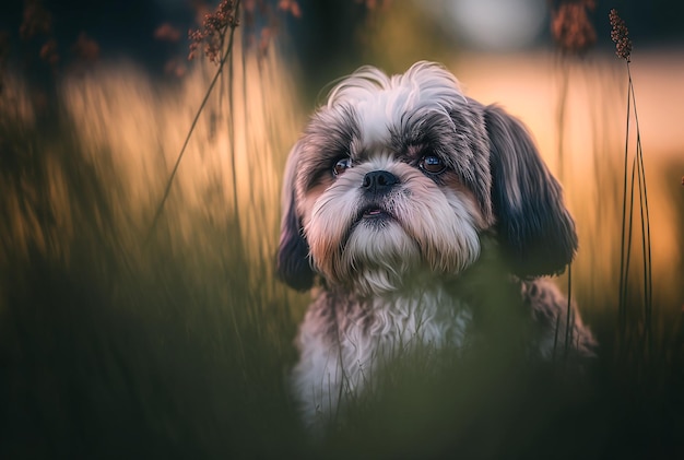 Shih tzu-hond op een natuurlijk lentegebied illustratie generatieve ai