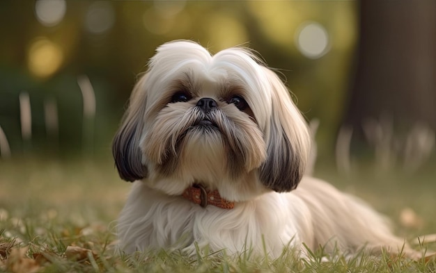 Photo shih tzu is sitting on the grass in the park professional advertising post photo ai generated