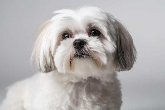 Shih Tzu Maltese dog portrait with a white backdrop