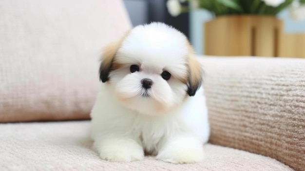 Shih tzu puppy sitting on a couch