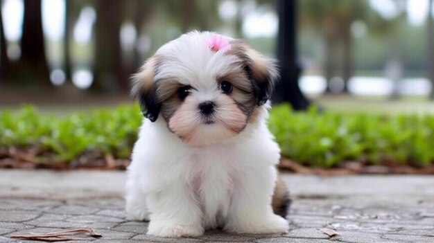 Shih tzu puppy sitting on the ground