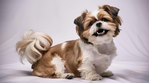 Shih tzu sitting and wagging tail isolated on white