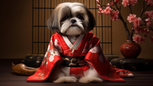 Photo a shih tzu in small kimono ar wallpaper