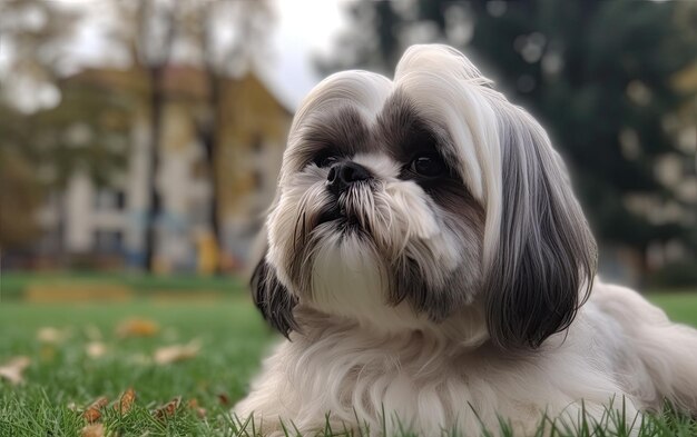 Foto shih tzu zit op het gras in het park professionele reclame post foto ai gegenereerd