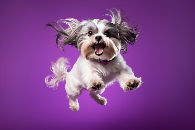 Shihtzu-hond springt op een paarse achtergrond