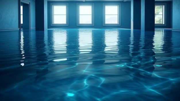 Shimmering blue water surface in empty room