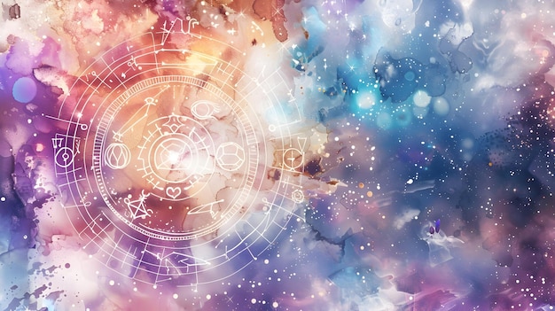 Shimmering Celestial Zodiac Watercolor Painting with Mystical Abstract Elements