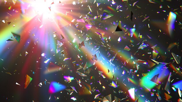 写真 輝く水晶は虹の反射と 落下するコンフェッティに似た透明な線で照らされます