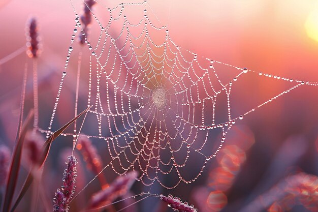 写真 輝く 露 の 滴 は,日の 出 の 時 に 細かく 織ら れ た 蜘蛛 の 網 を 優しく 飾り ます