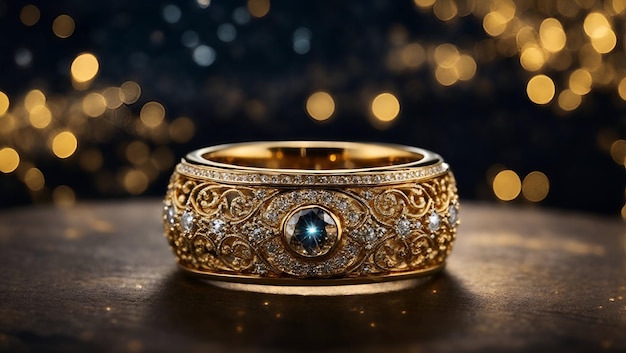 A shimmering gold ring encrusted with intricate designs set a starry night sky