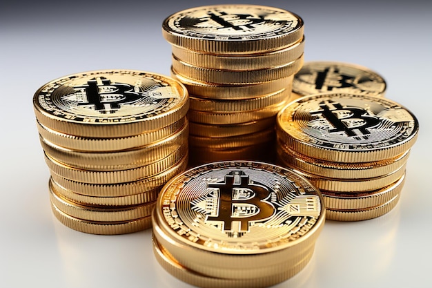 Shimmering golden bitcoin coins shine on a pristine white background