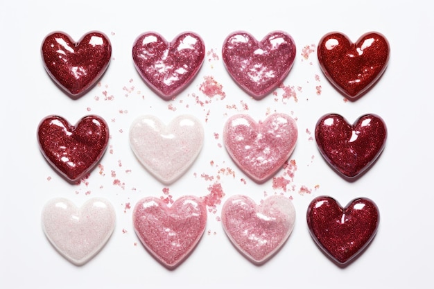 Shimmering heart shaped nail polish puddles on white