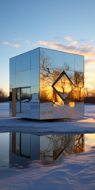 Shimmering mirror house a cubofuturistic snowscape in sustainable danish design