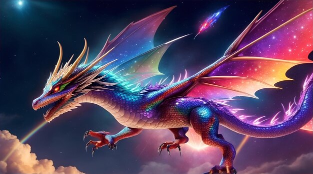 Shimmering multicolored dragon soaring through a quantum realm of infinite possibilities AI Generative