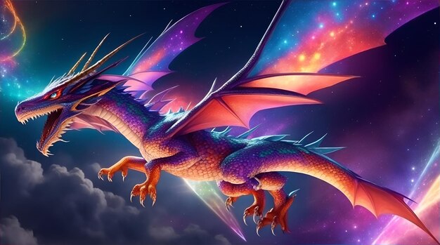 Shimmering multicolored dragon soaring through a quantum realm of infinite possibilities AI Generative