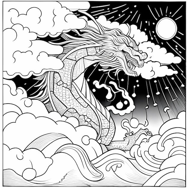 Shimmering Rain Dragon Coloring Page of a Majestic Chinese Dragon