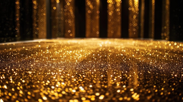 Shimmering Splendor CloseUp of Golden Glitter or Confetti on Reflective Surface