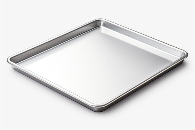 Shimmering Steel A Gleaming Metal Tray on a White Canvas