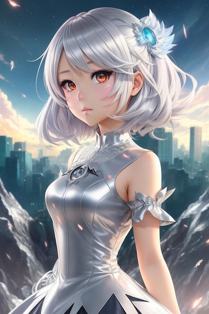 Shimmering Style Anime Girl in a Silver Mini Dress