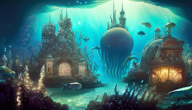 shimmering underwater city populated