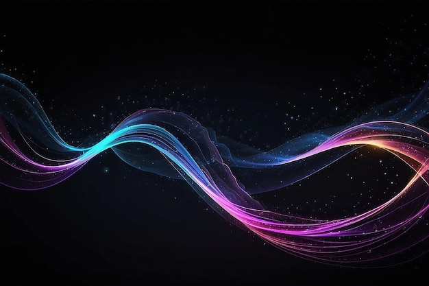 Shimmering waves with light effect isolated on black background Glittering star dust trail Abstract motion Magic lines Neon effect vector background