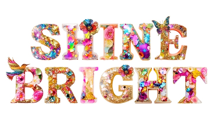 Photo shine bright word png glitter floral font transparent background