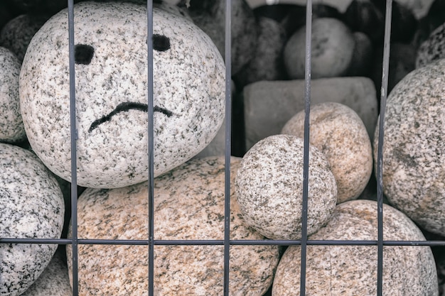 Shingle sea boulder with drawn sad eyes and  face behind metal grating, the concept of prison, no freedom, racism, people's independence