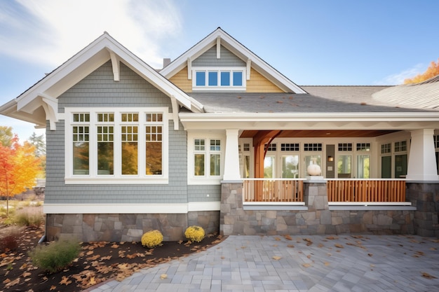 Shingle style home with stone accented window wells